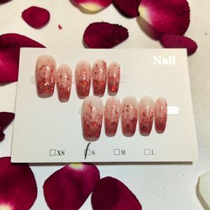 Red Glitter Ombre Press On Nails Medium Length Square Fake Nails Valentine Nails